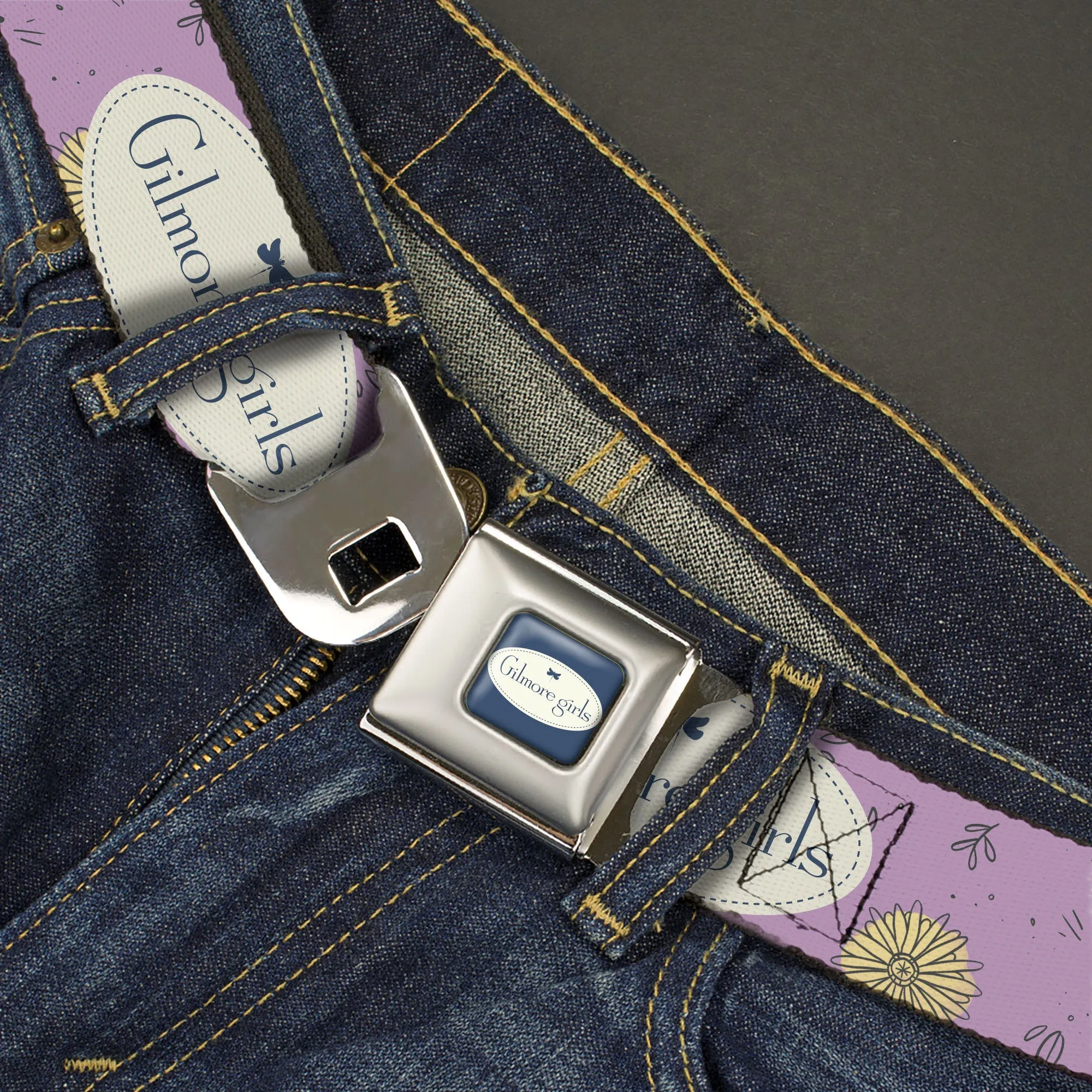 GILMORE GIRLS Title Logo Full Color Blue/White Seatbelt Belt - GILMORE GIRLS Title Logo and Flower Petals Lavender/White/Blue Webbing