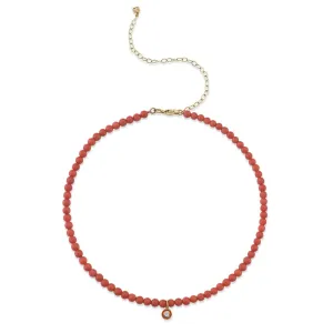 Gold & Diamond Small Enamel Red Bamboo Coral Necklace