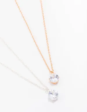 Gold & Silver Mixed Metal Solitaire Crystal Necklaces 2-Pack