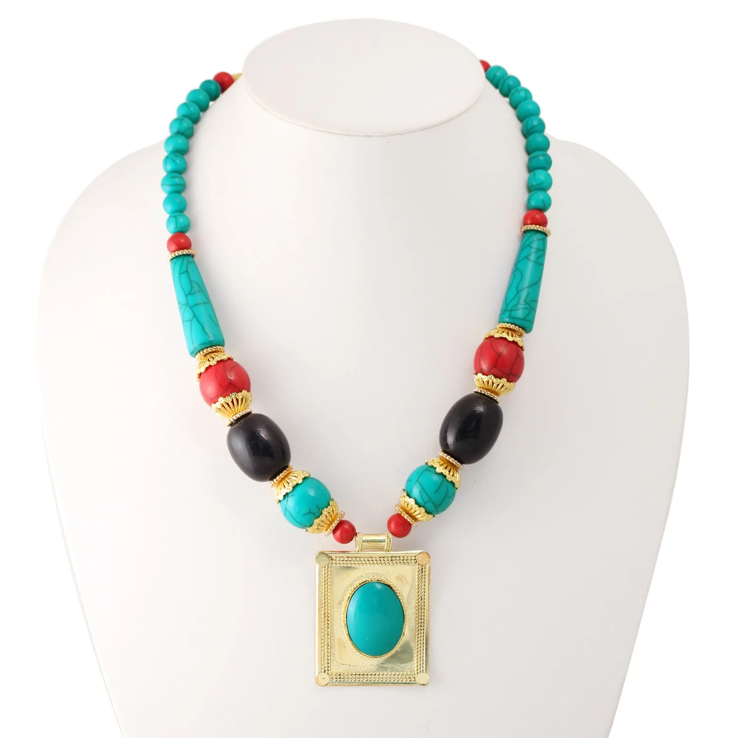 GOLD BLACK CORAL AND TURQUOISE BEADS RECTANGLE PENDANT NECKLACE # FWNK-1901-27 (ND19)