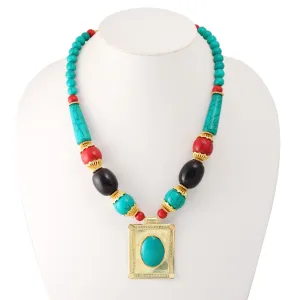 GOLD BLACK CORAL AND TURQUOISE BEADS RECTANGLE PENDANT NECKLACE # FWNK-1901-27 (ND19)