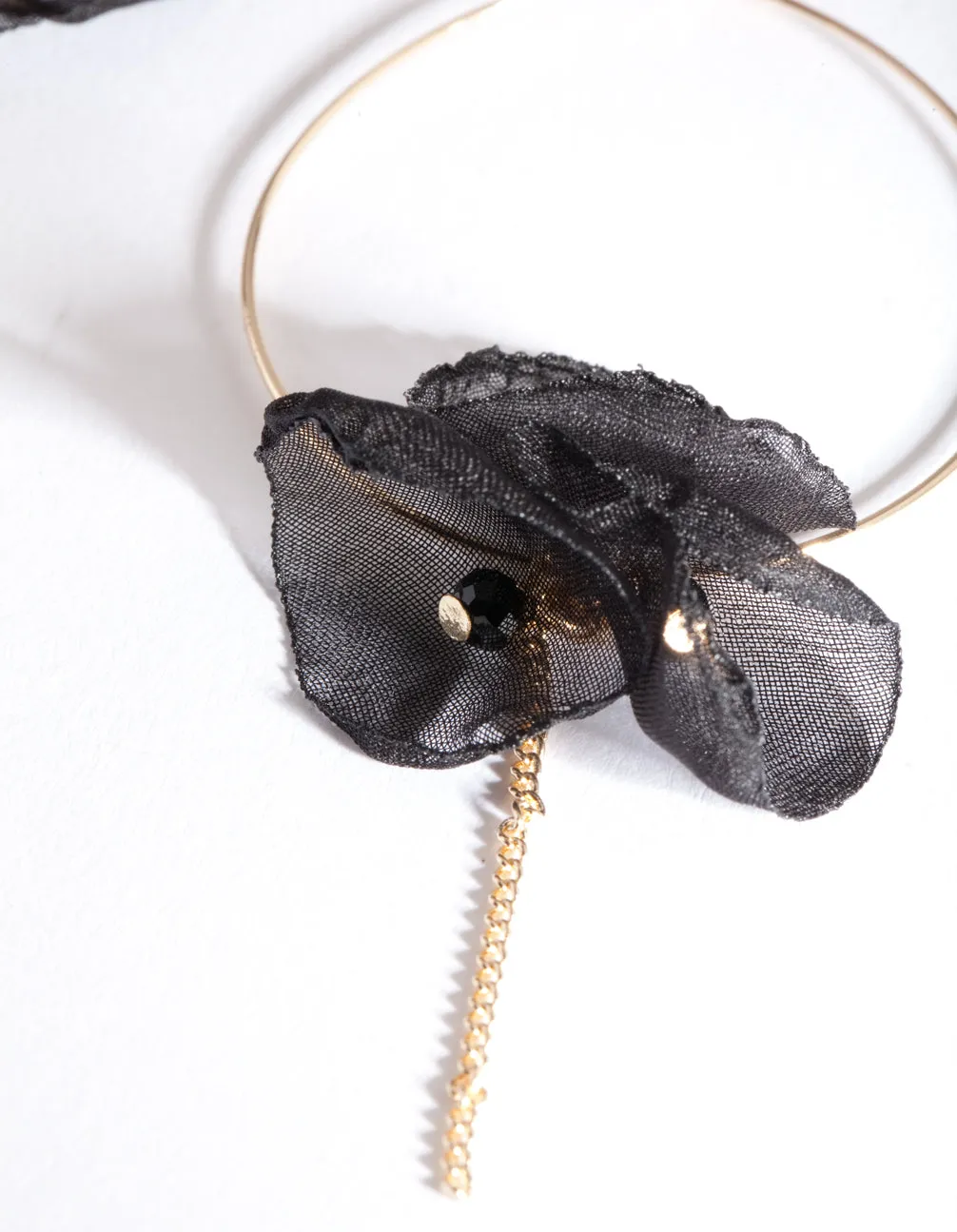 Gold Black Fabric Flower Hoop Earrings