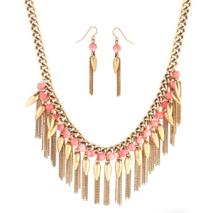 GOLD-CORAL CHAIN NECKLACE AND EARRING SET  #SNE39595/1KATHRINE (SHOWROOM)