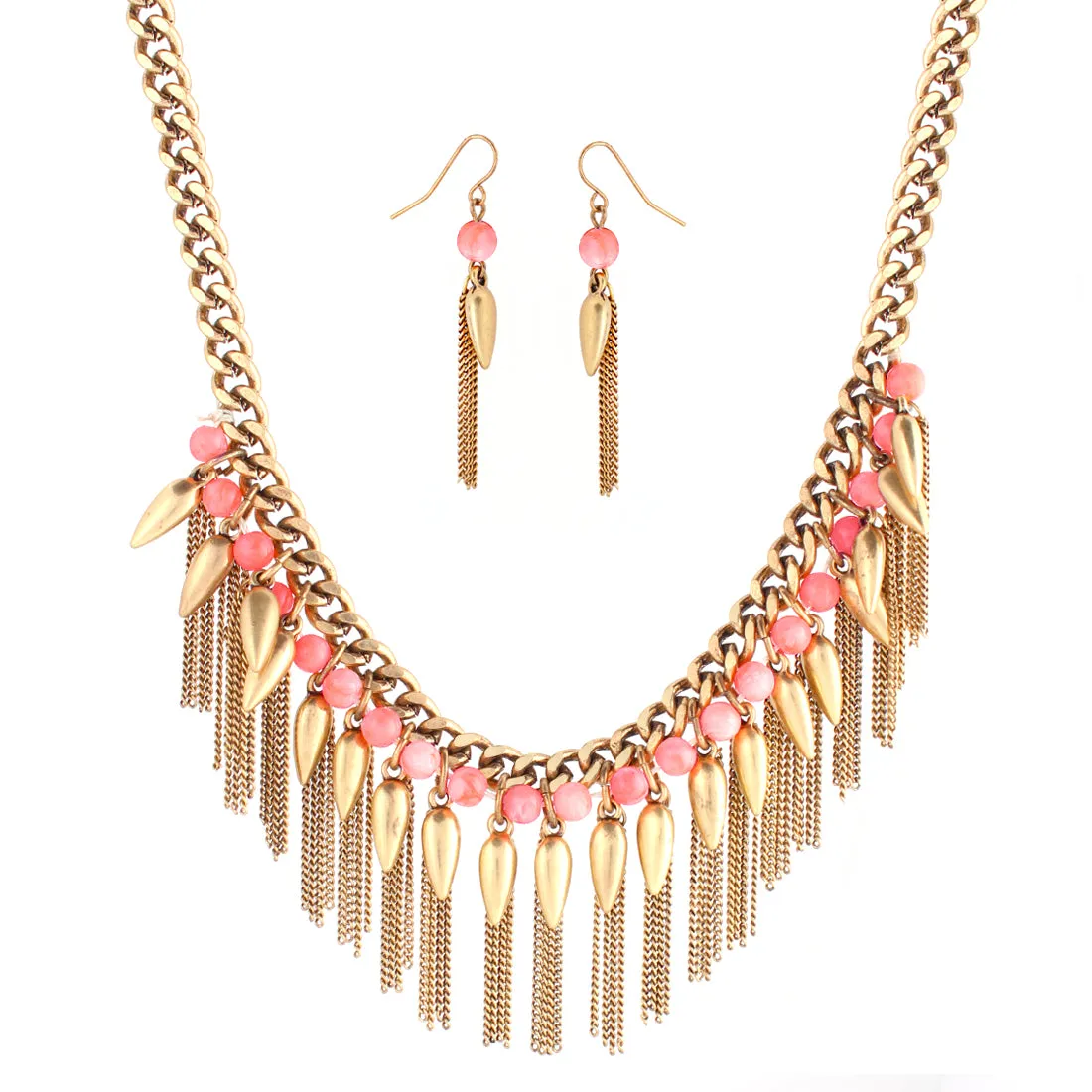 GOLD-CORAL CHAIN NECKLACE AND EARRING SET  #SNE39595/1KATHRINE (SHOWROOM)