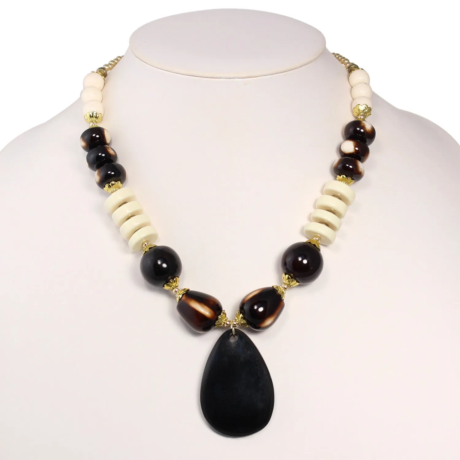 GOLD IVORY AND BROWN BEADS TEARDROP PENDANT NECKLACE #FWNK-1803-118-A (HF19)