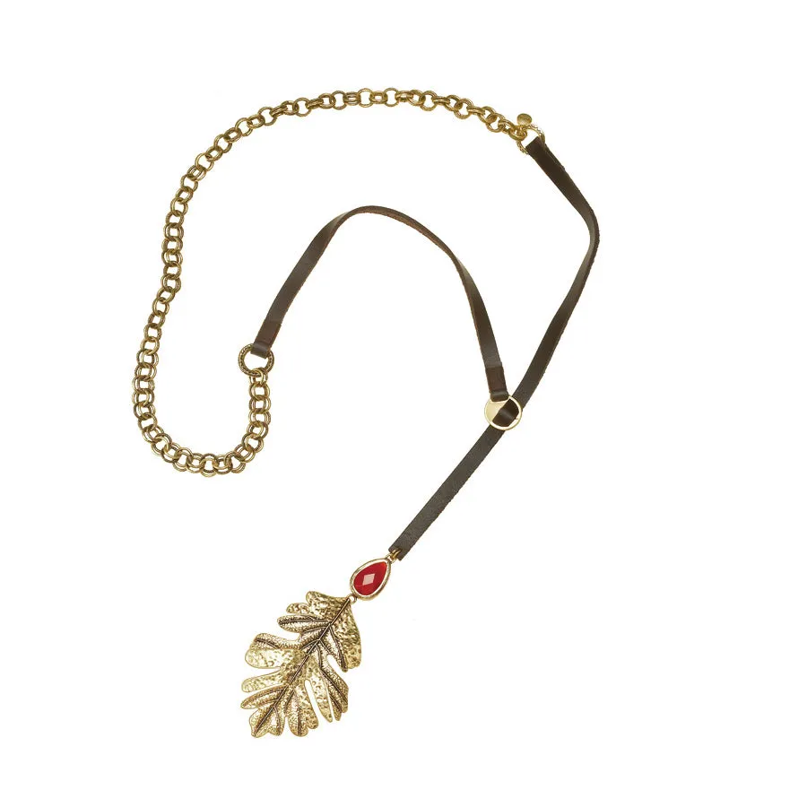 GOLD LEAF BROWN LEATHER  NECKLACES #299MT1301 (5A4/3A2/3A1)