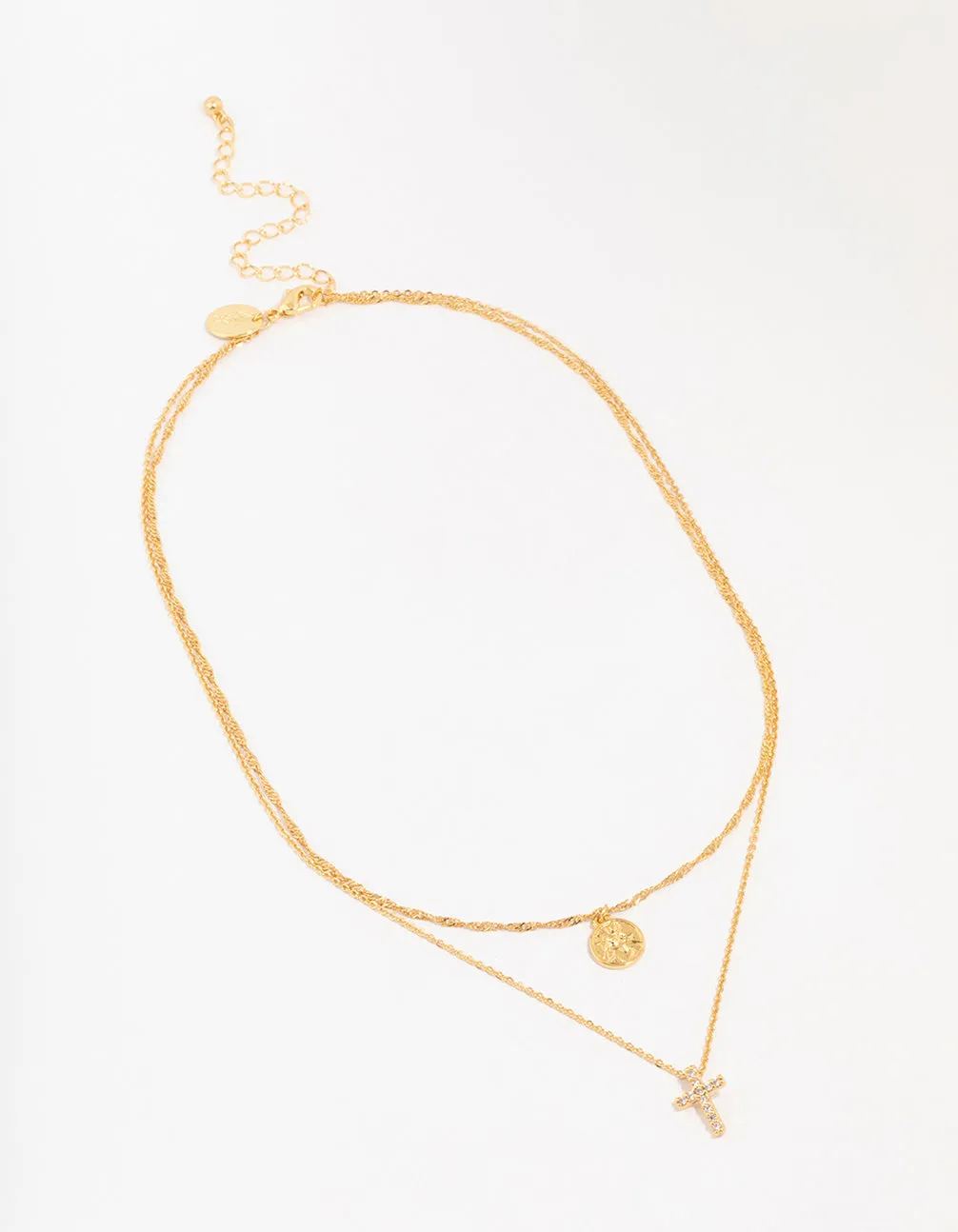 Gold Plated Brass Cubic Zirconia Cross Coin Layered Necklace
