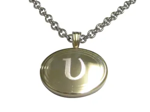 Gold Toned Etched Oval Greek Letter Upsilon Pendant Necklace