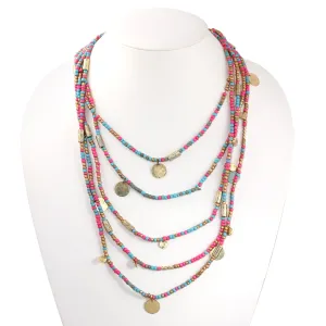 GOLD TURQUOISE AND PINK BEADS LAYERED  NECKLACE #N5024 TURQ/PINK (BG16)