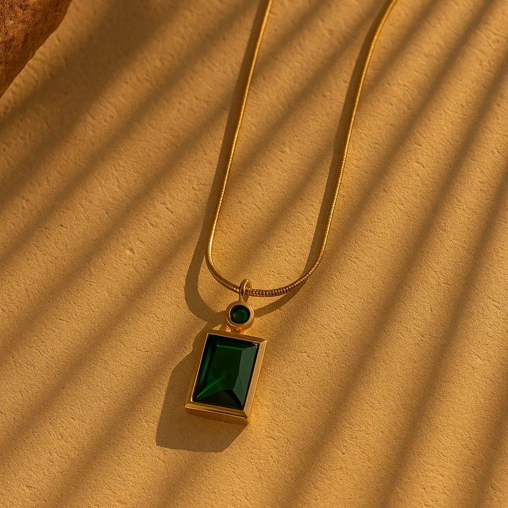 Green Emerald Diamond Necklace Gold Plated, Waterproof and Anti-Tarnish