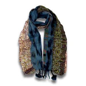 Grey & Black Felt and Saree Vintage Scarves with Flower Hanging