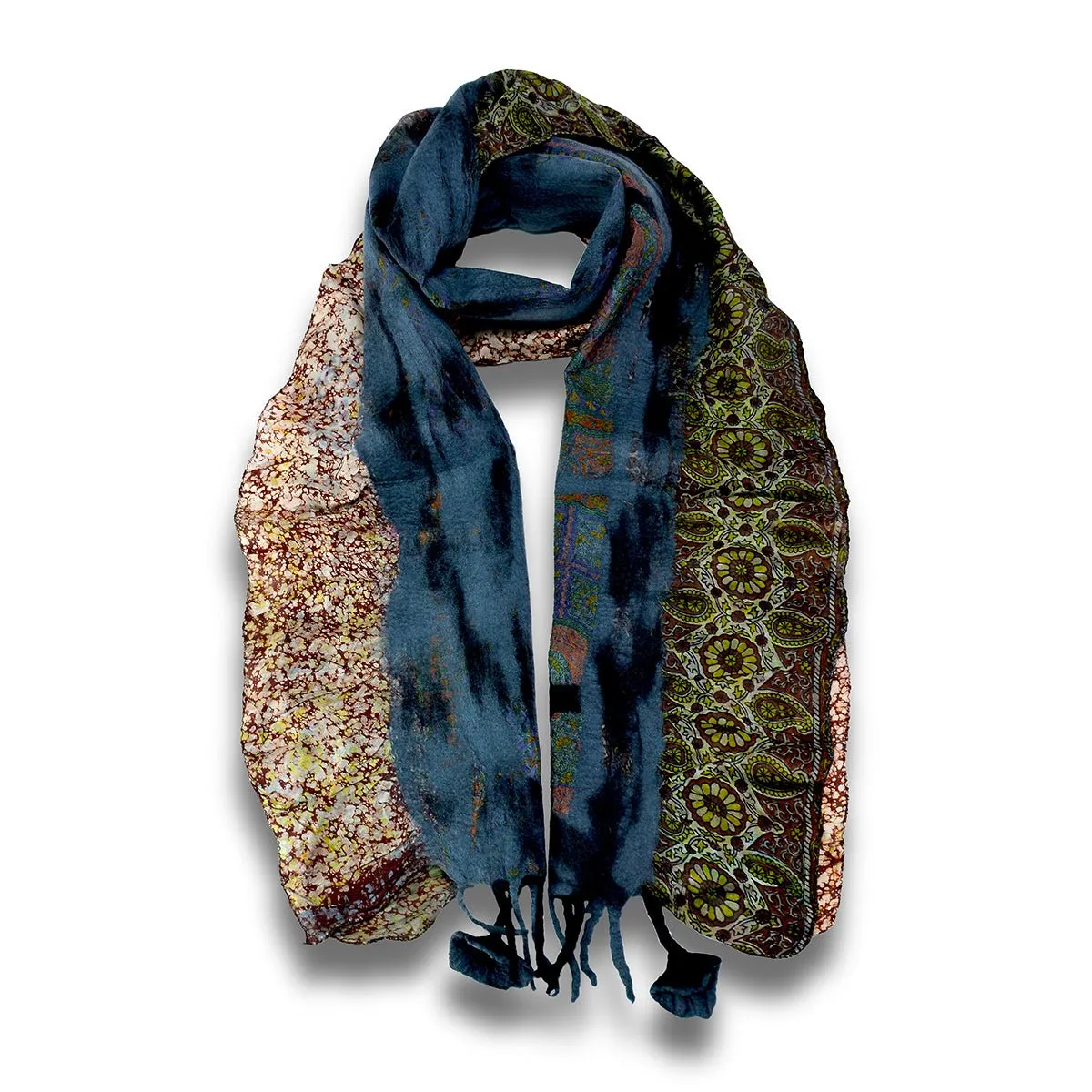Grey & Black Felt and Saree Vintage Scarves with Flower Hanging