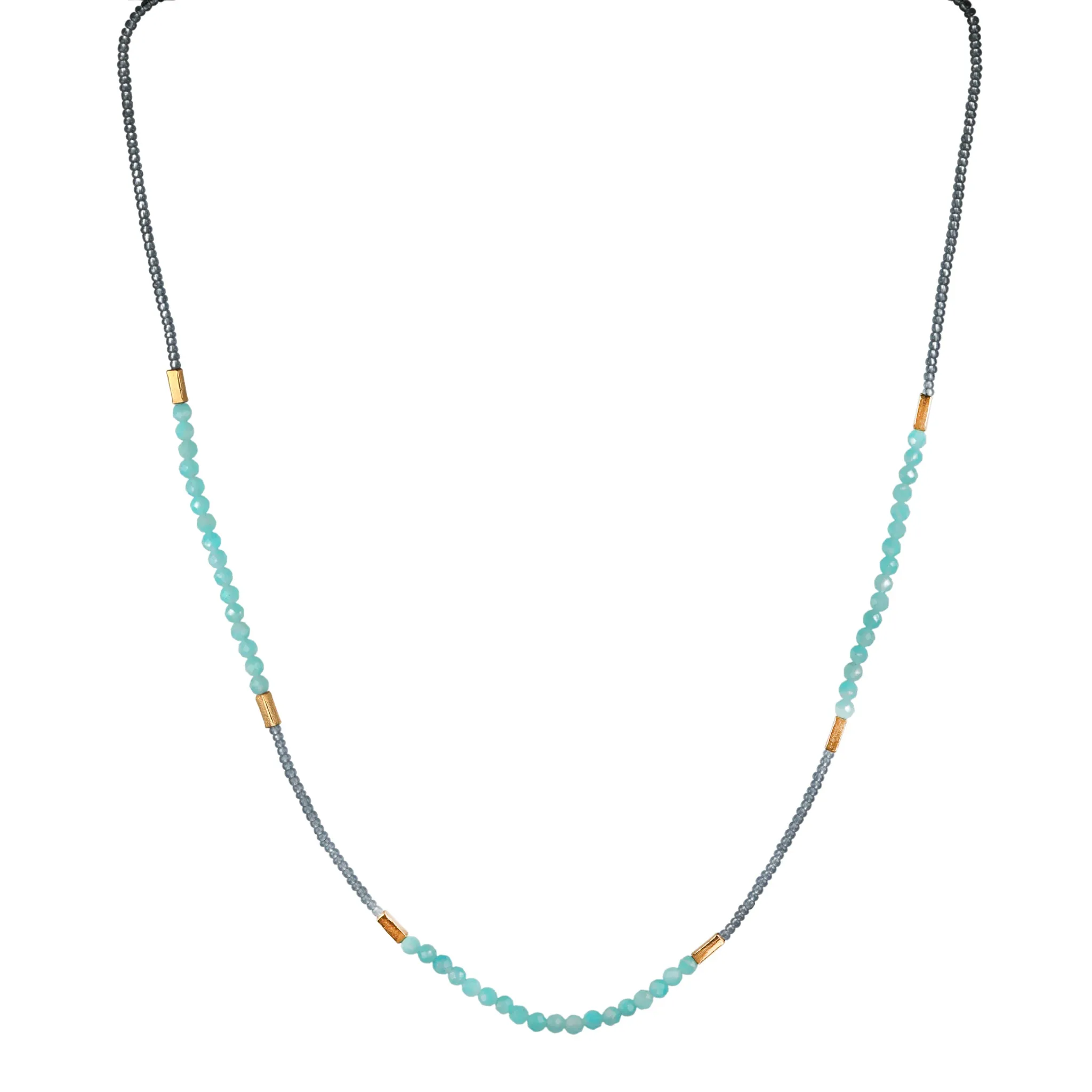Grey Seed Bead Necklace with Amazonite & Rectangular Gold Vermeil Stations