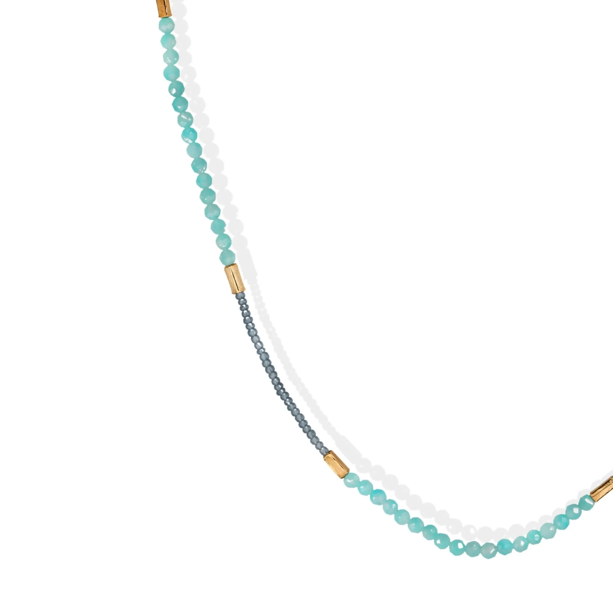 Grey Seed Bead Necklace with Amazonite & Rectangular Gold Vermeil Stations