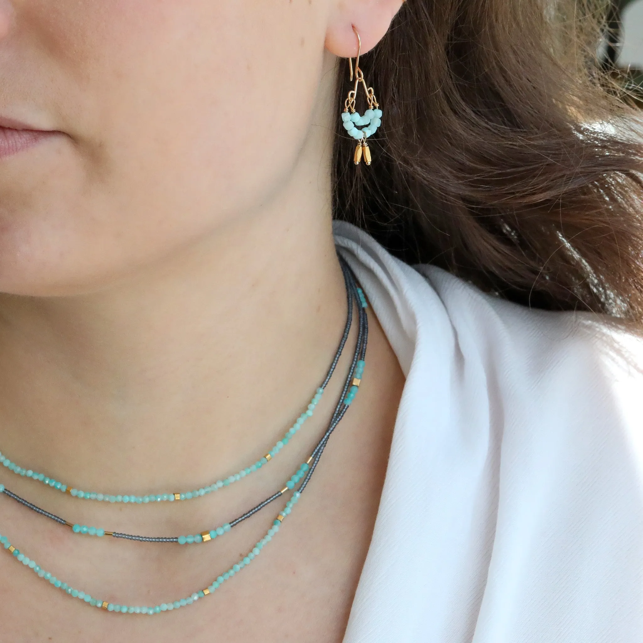 Grey Seed Bead Necklace with Amazonite & Rectangular Gold Vermeil Stations