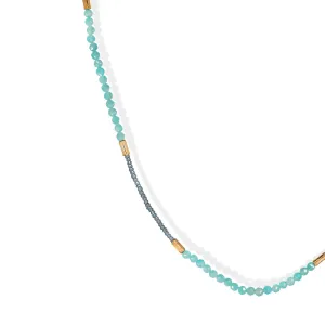 Grey Seed Bead Necklace with Amazonite & Rectangular Gold Vermeil Stations