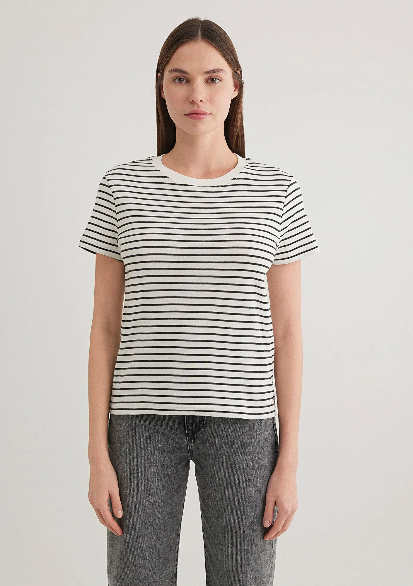 Grey Striped Crew Neck T-Shirt
