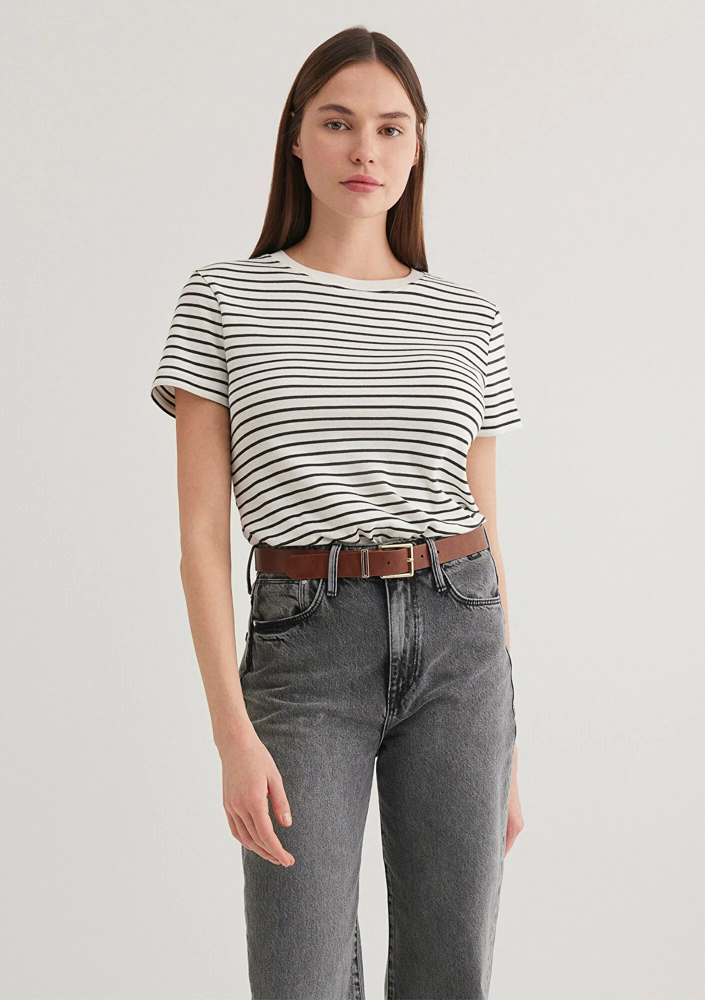 Grey Striped Crew Neck T-Shirt