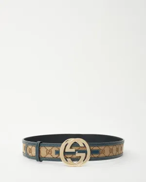 Gucci Brown Monogram Canvas & Blue Trim GG Logo Belt - 85/34