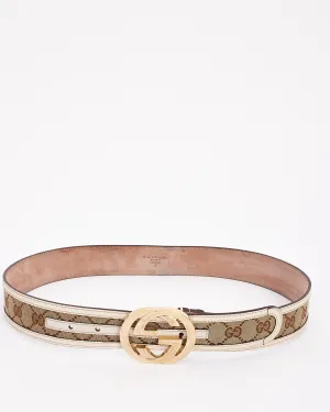 Gucci White Leather & Beige Monogram GG Canvas G Buckle Belt - 85/34