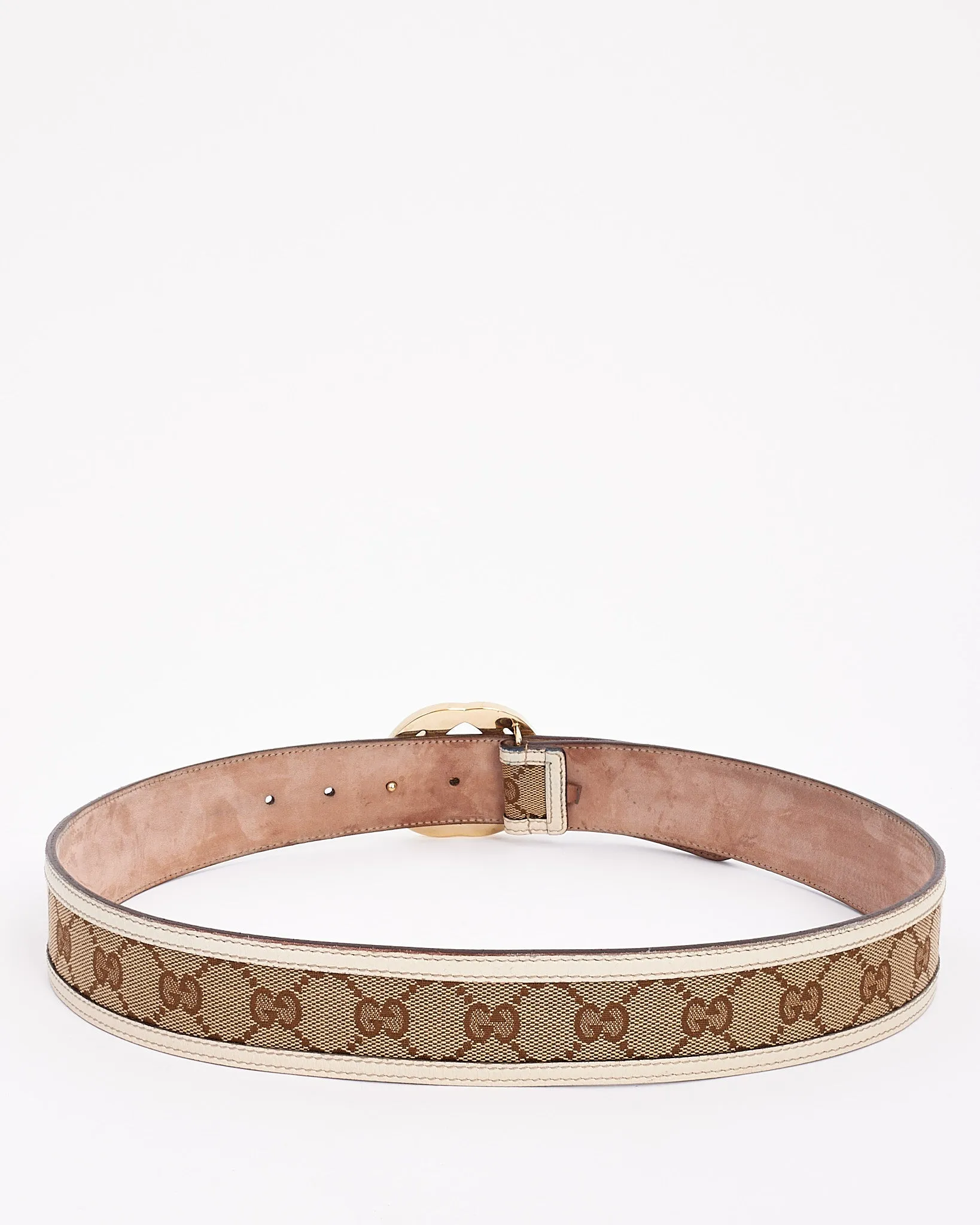 Gucci White Leather & Beige Monogram GG Canvas G Buckle Belt - 85/34