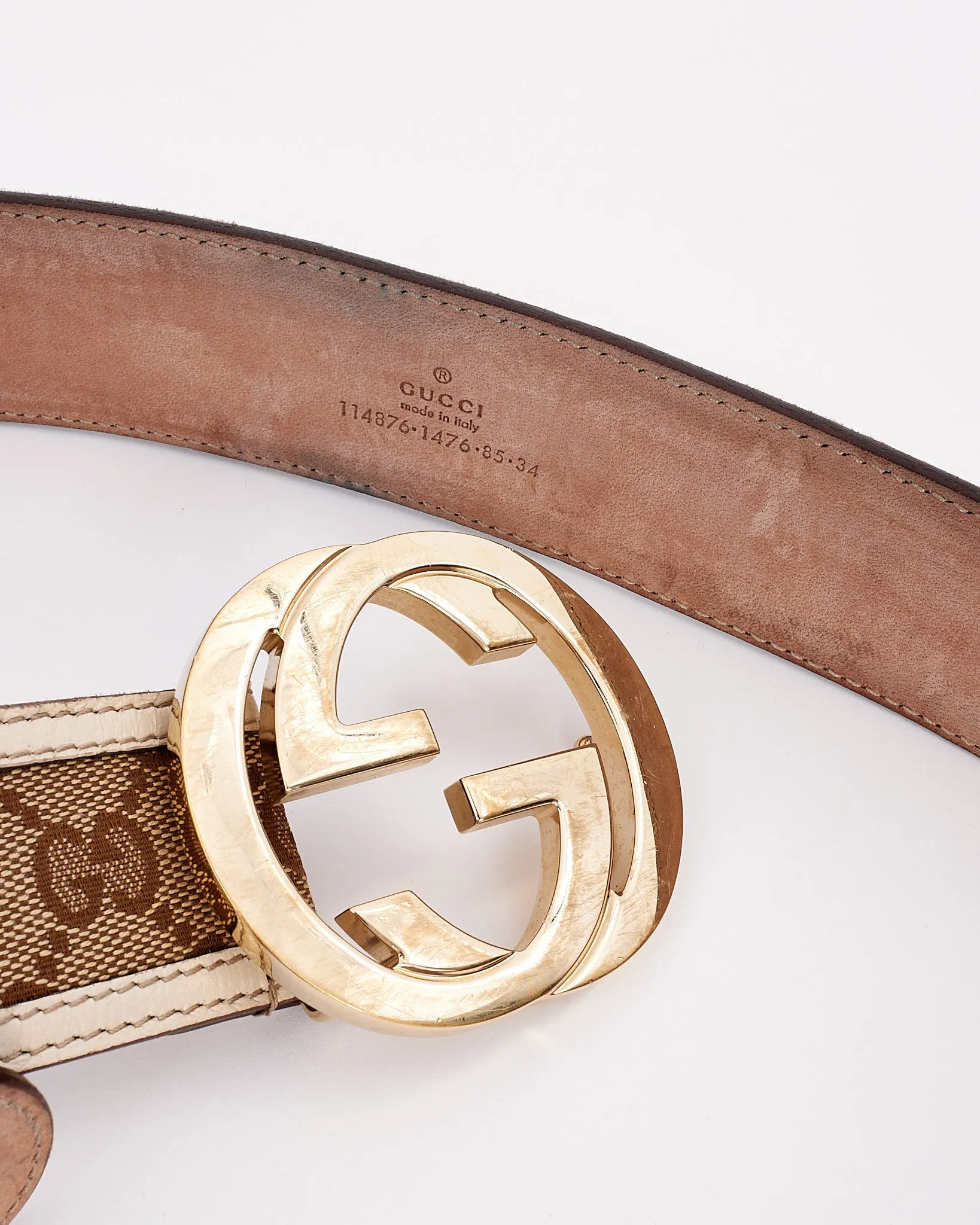 Gucci White Leather & Beige Monogram GG Canvas G Buckle Belt - 85/34