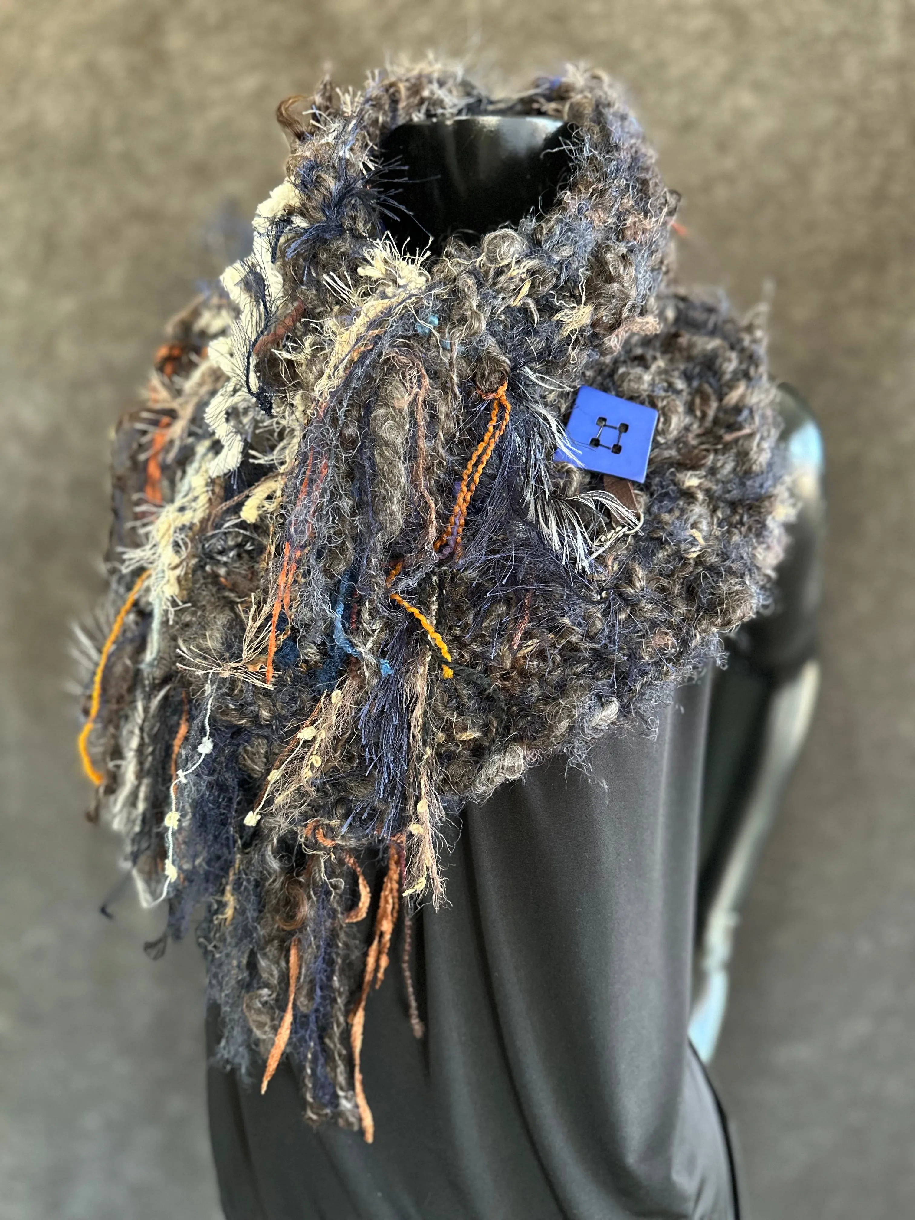 Hand knit Eclectic Cowl, brown blue huntress cowl