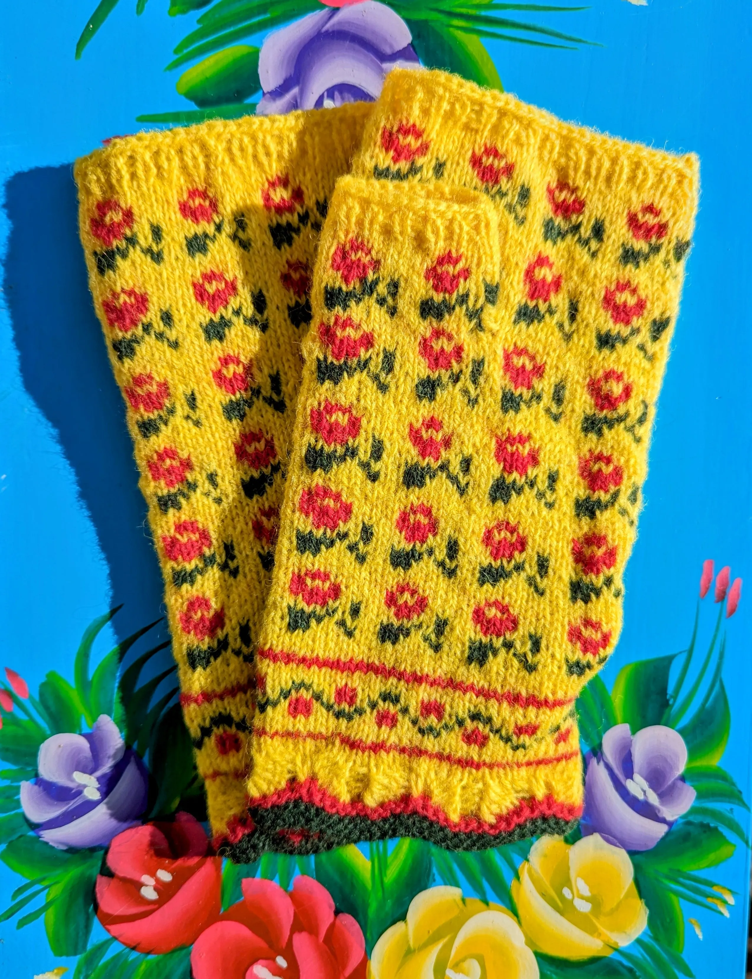 Handknitted folkart fingerless gloves