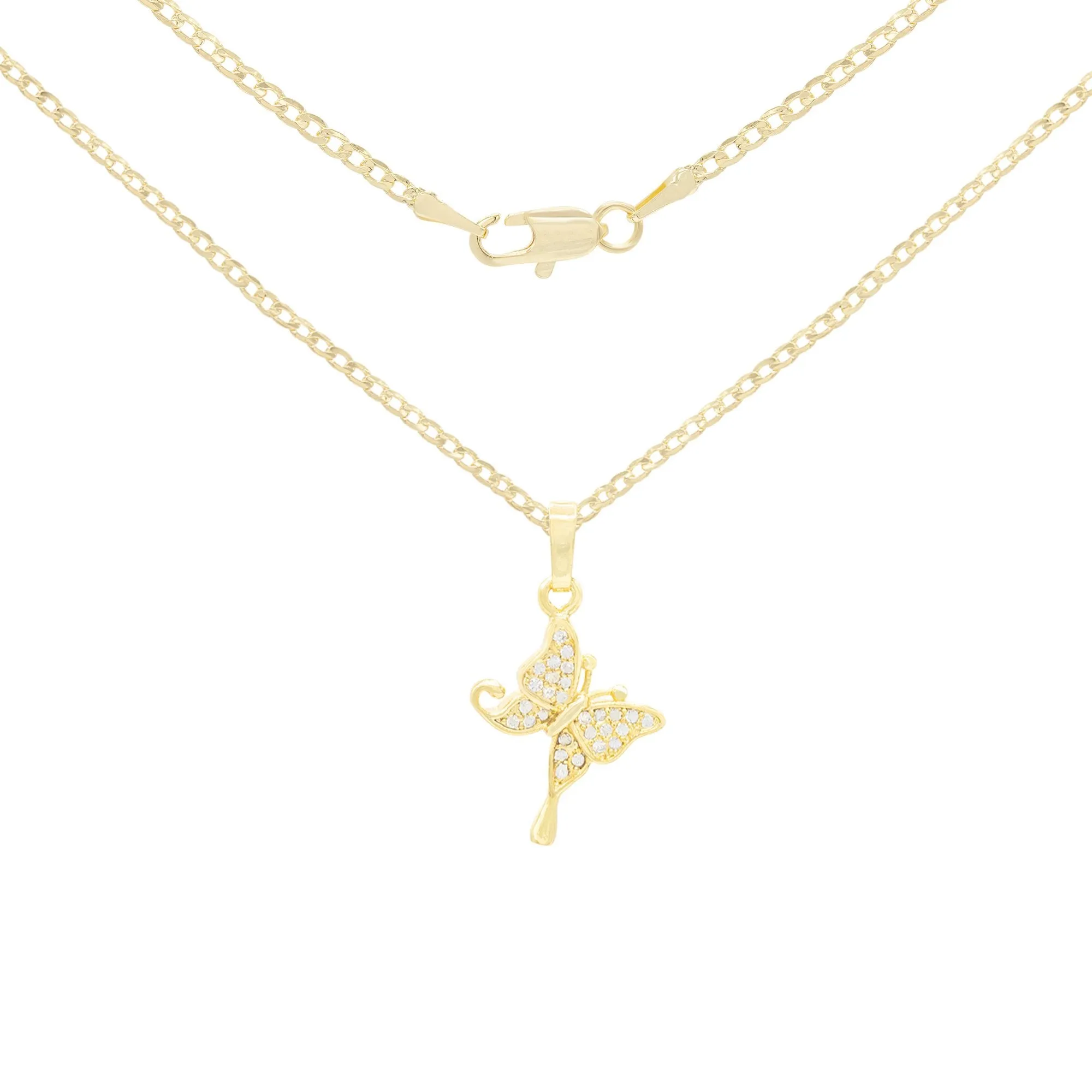 Hanging Butterfly Cubic Zirconia Pendant With Necklace Set 14K Gold Filled
