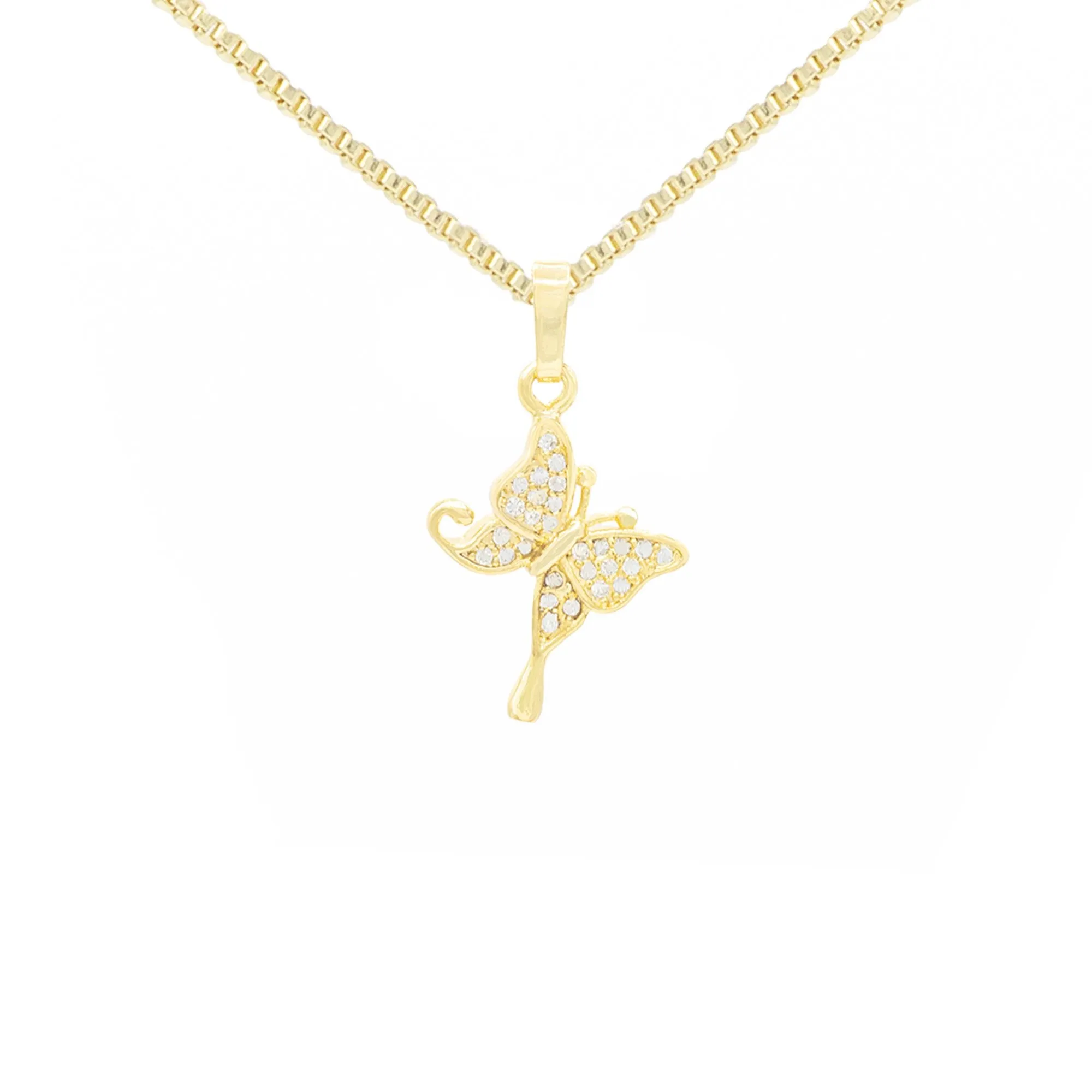 Hanging Butterfly Cubic Zirconia Pendant With Necklace Set 14K Gold Filled