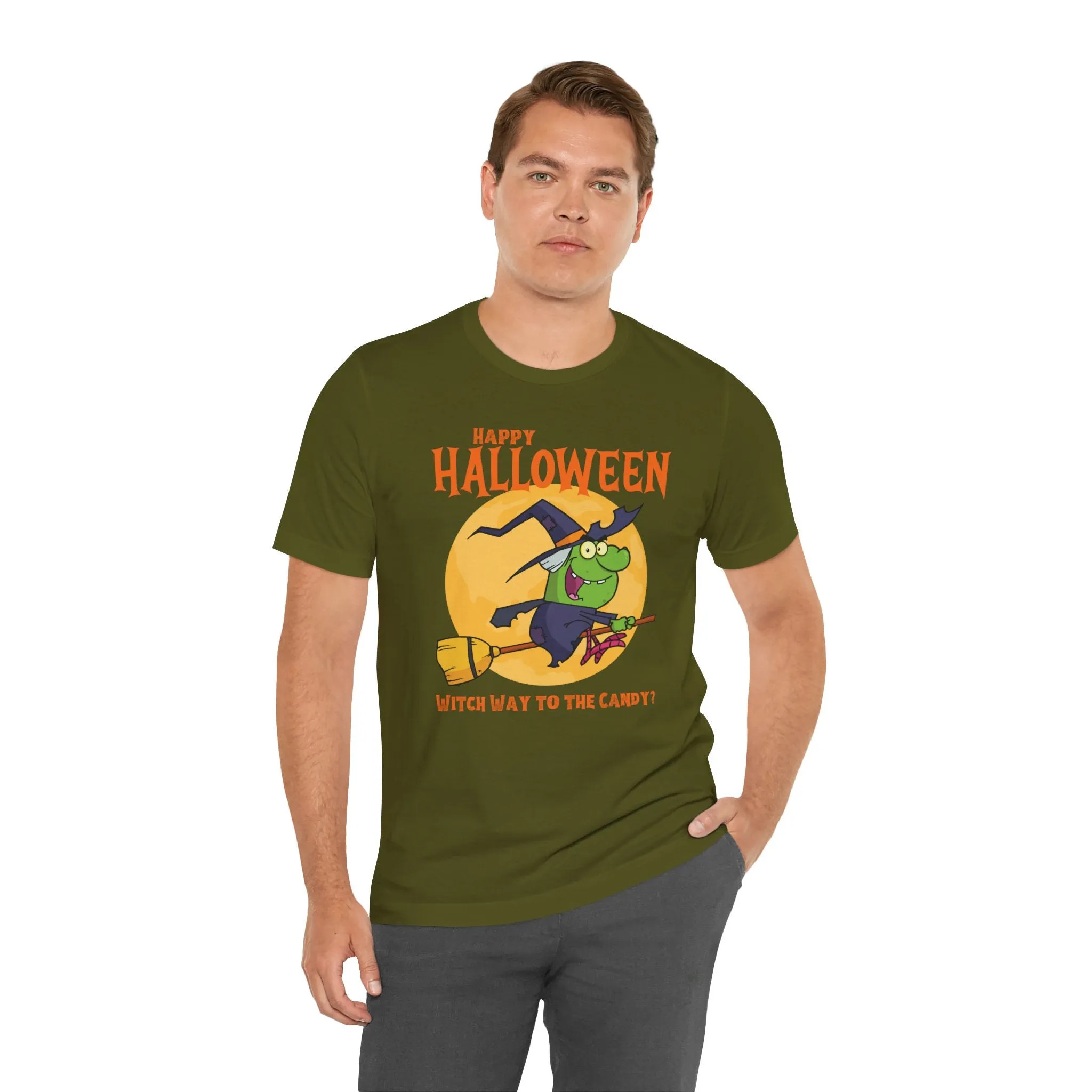 Happy Halloween Witch Way to the Candy T-Shirt | Flying Witch Front of the Moon Tee |  Bella Canvas 3001Unisex | Funny Short Sleeve Tshirt
