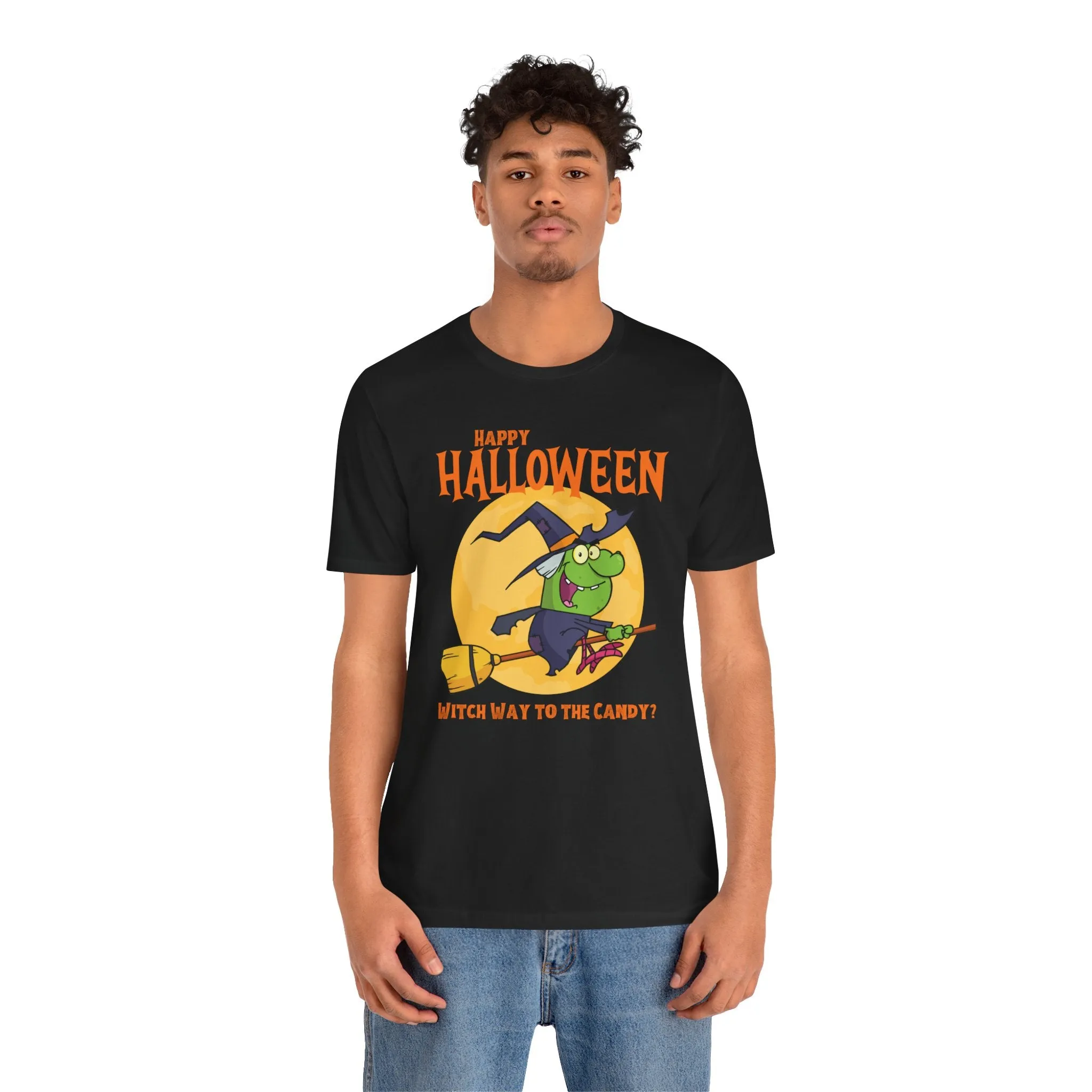 Happy Halloween Witch Way to the Candy T-Shirt | Flying Witch Front of the Moon Tee |  Bella Canvas 3001Unisex | Funny Short Sleeve Tshirt