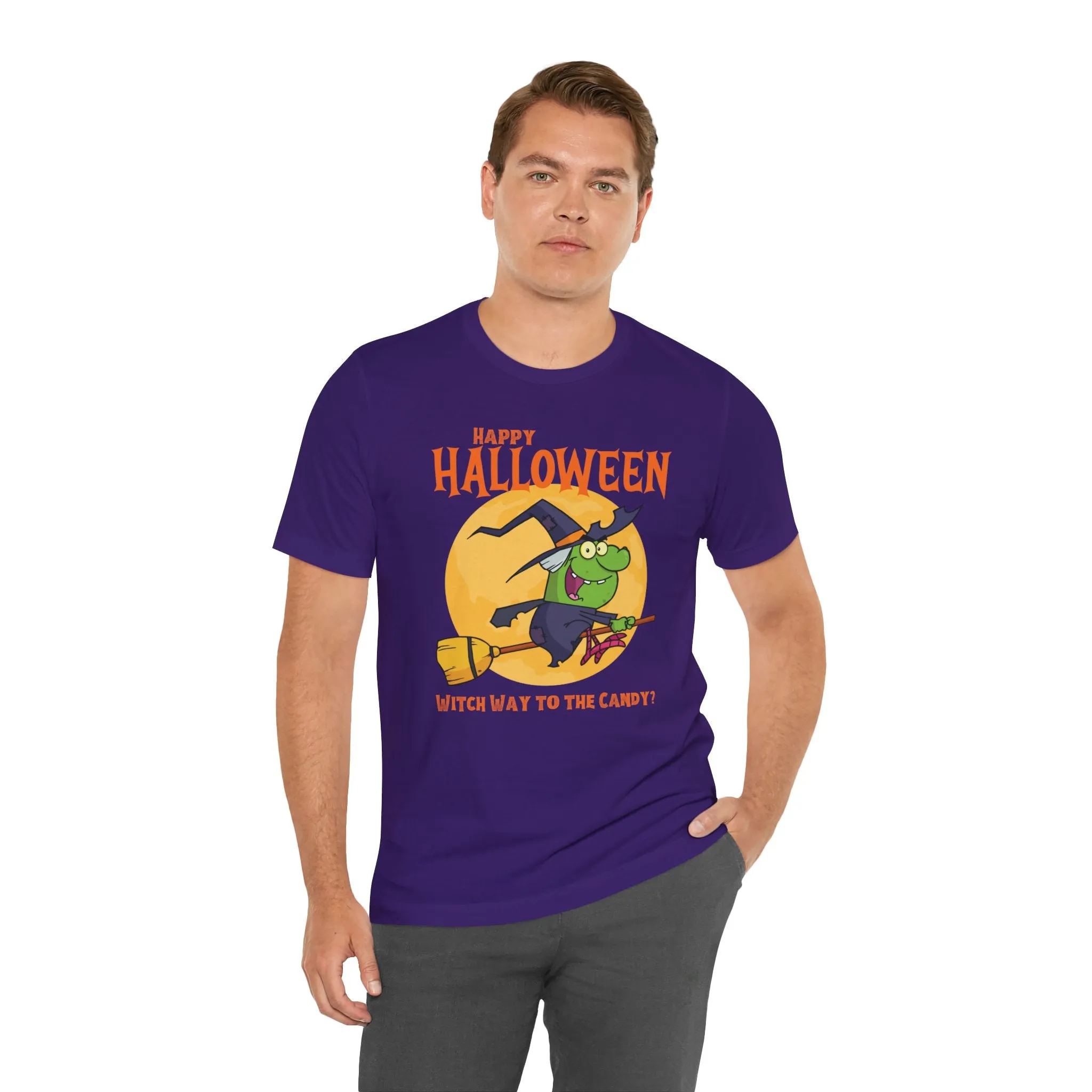 Happy Halloween Witch Way to the Candy T-Shirt | Flying Witch Front of the Moon Tee |  Bella Canvas 3001Unisex | Funny Short Sleeve Tshirt
