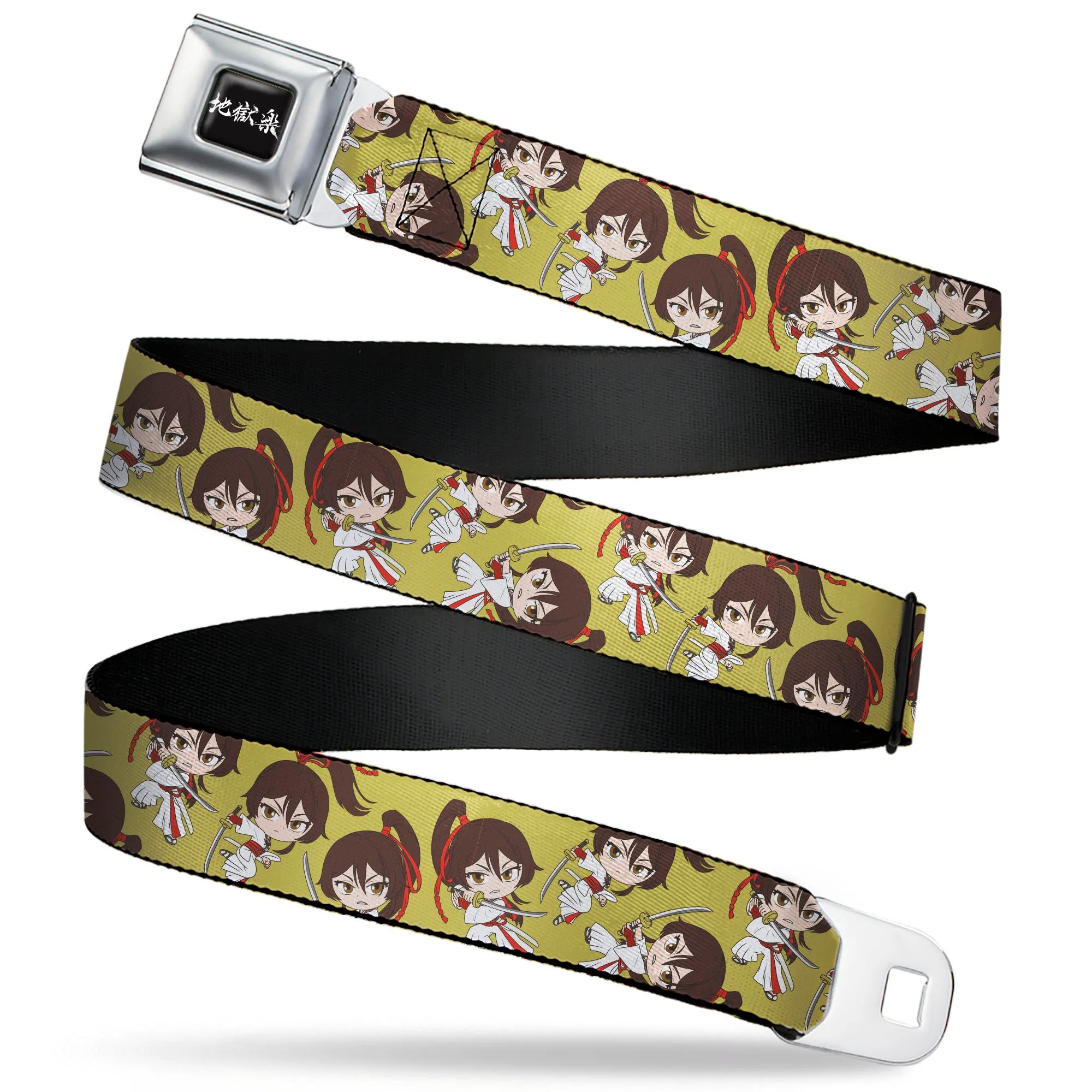 Hell's Paradise Kanji Title Logo Full Color Black/White Seatbelt Belt - Hell's Paradise Chibi Sagiri Sword Poses Scattered Golden Yellow Webbing