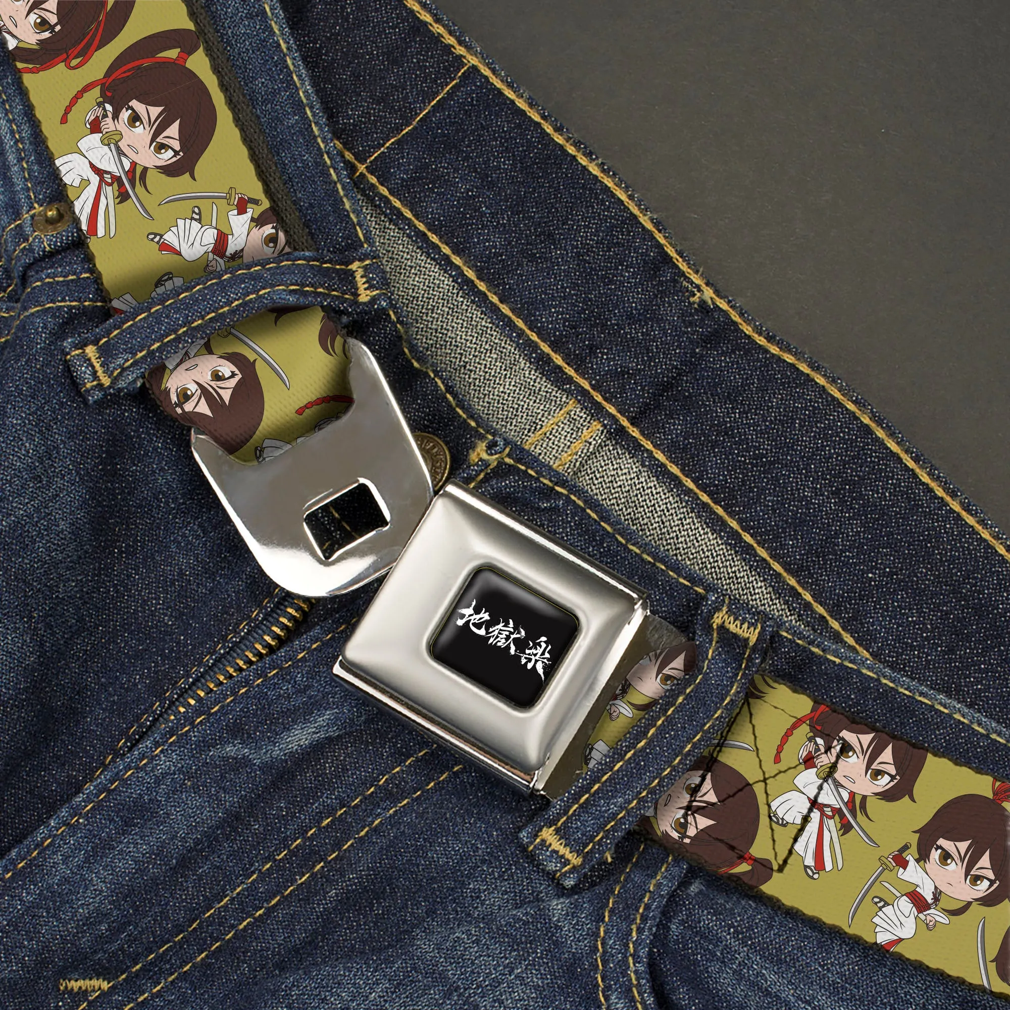 Hell's Paradise Kanji Title Logo Full Color Black/White Seatbelt Belt - Hell's Paradise Chibi Sagiri Sword Poses Scattered Golden Yellow Webbing