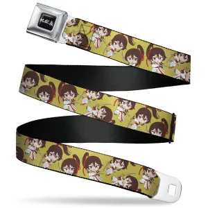 Hell's Paradise Kanji Title Logo Full Color Black/White Seatbelt Belt - Hell's Paradise Chibi Sagiri Sword Poses Scattered Golden Yellow Webbing
