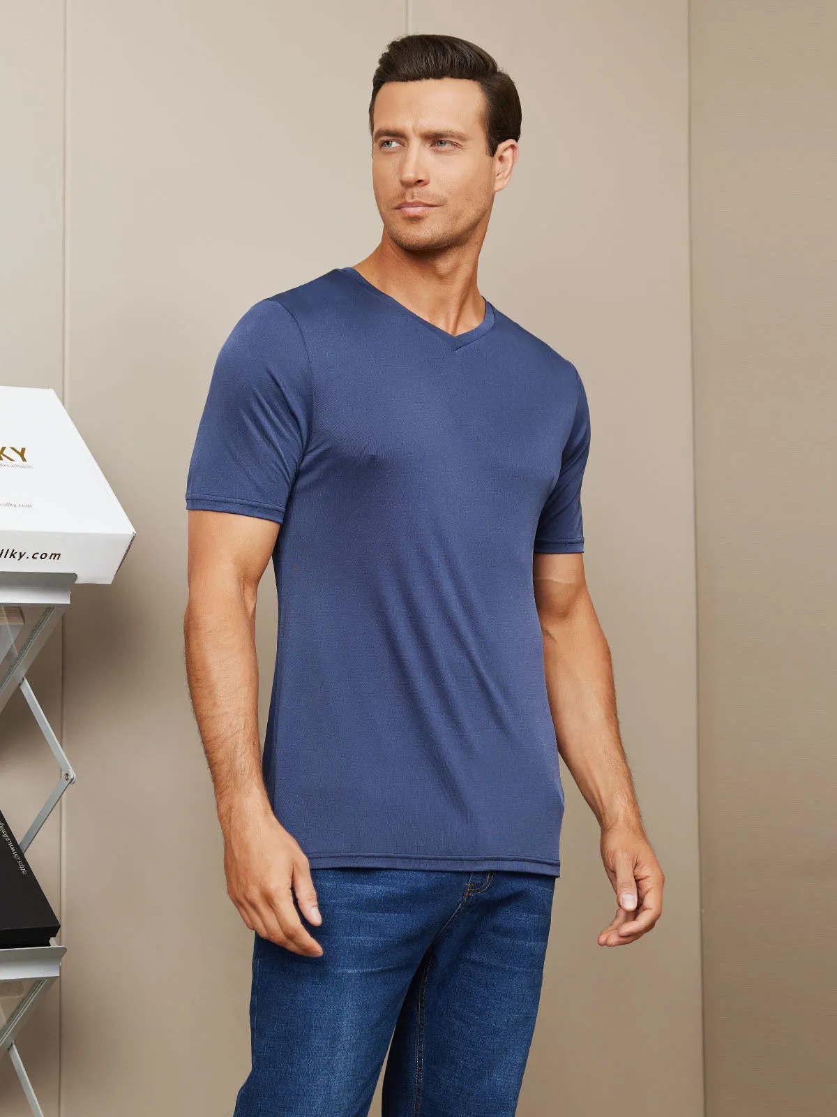 Heren Basic V-Neck Zijde Gebreid Tee