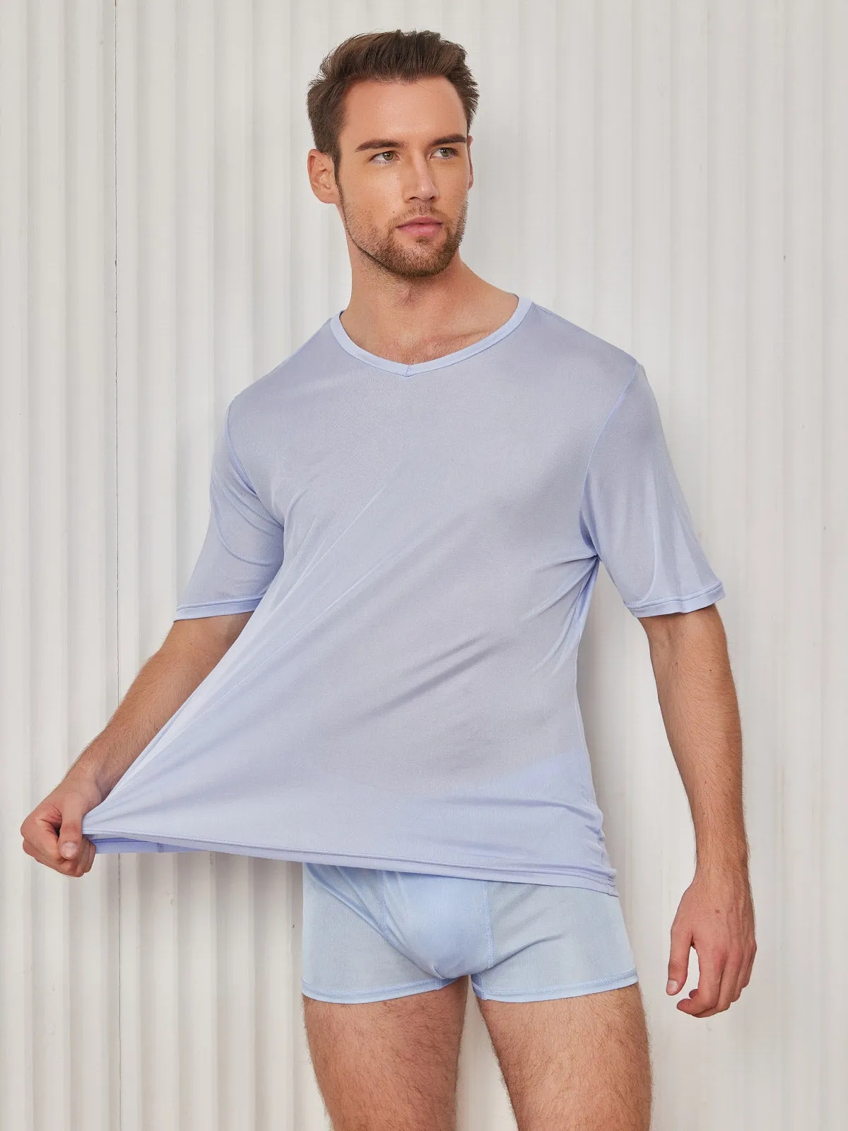 Heren Basic V-Neck Zijde Gebreid Tee