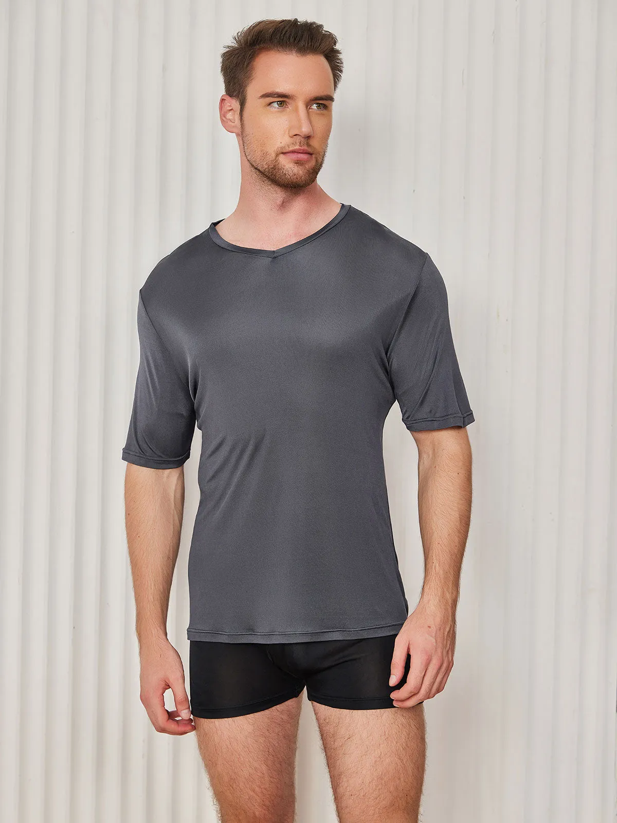 Heren Basic V-Neck Zijde Gebreid Tee