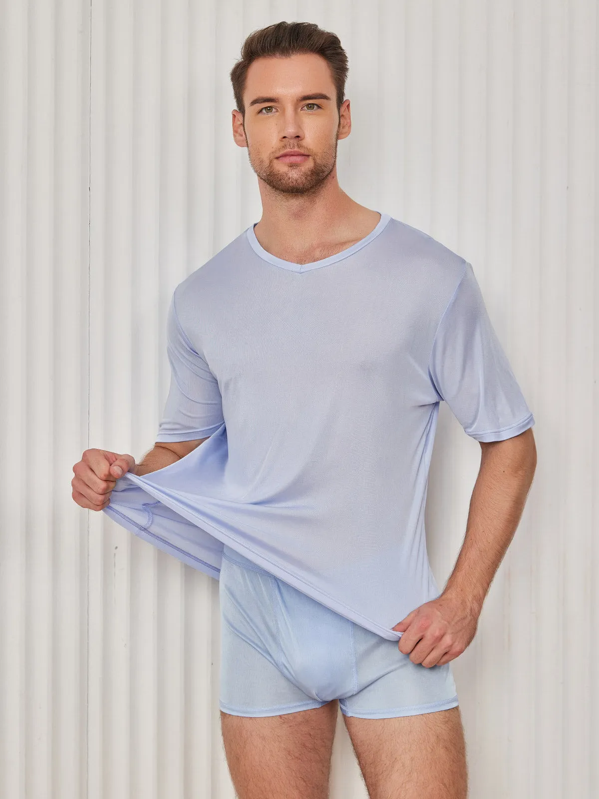 Heren Basic V-Neck Zijde Gebreid Tee