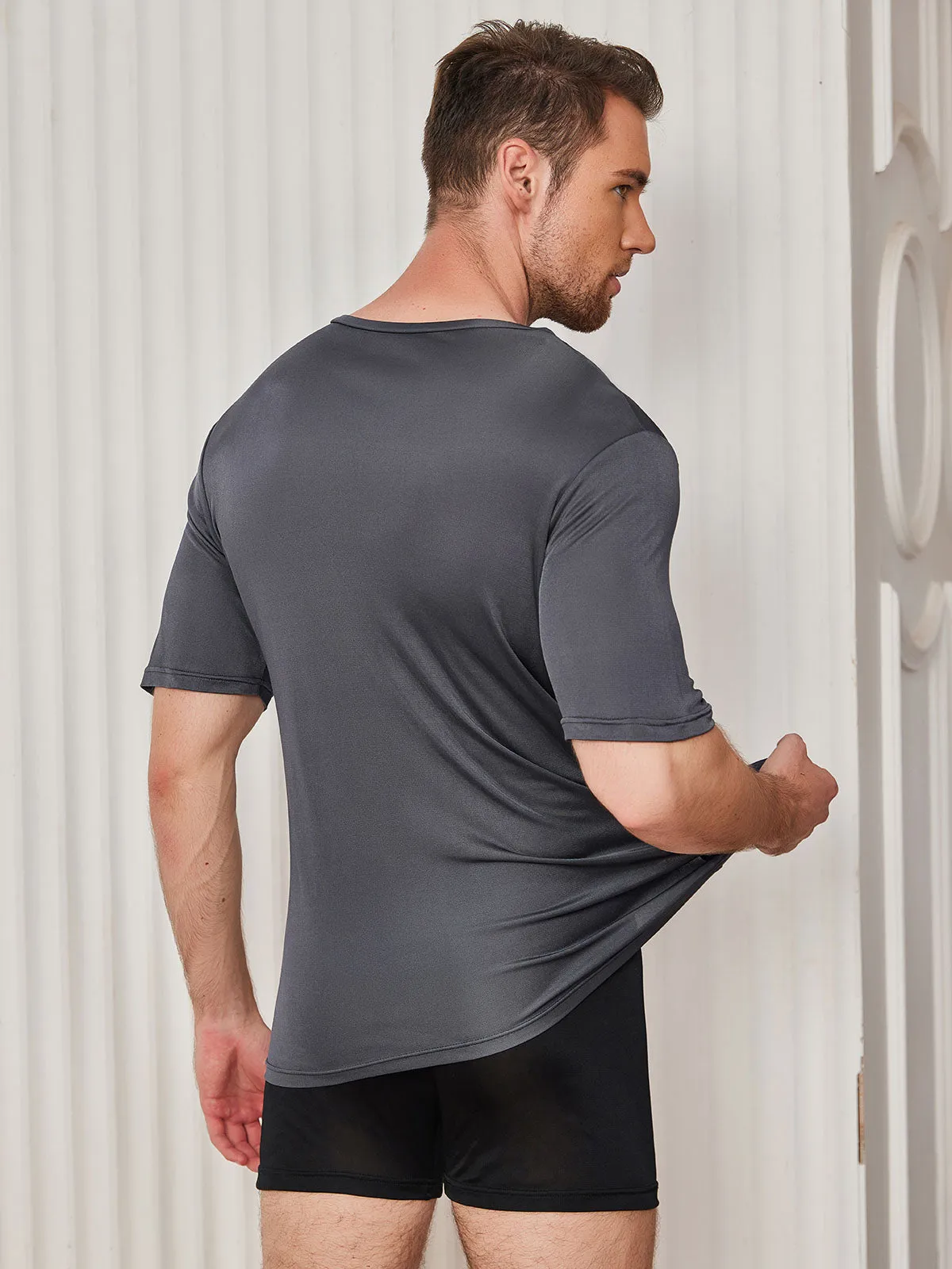 Heren Basic V-Neck Zijde Gebreid Tee