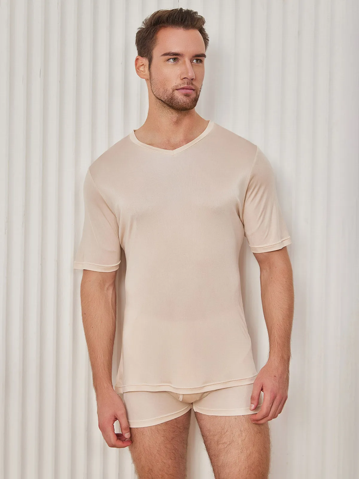 Heren Basic V-Neck Zijde Gebreid Tee