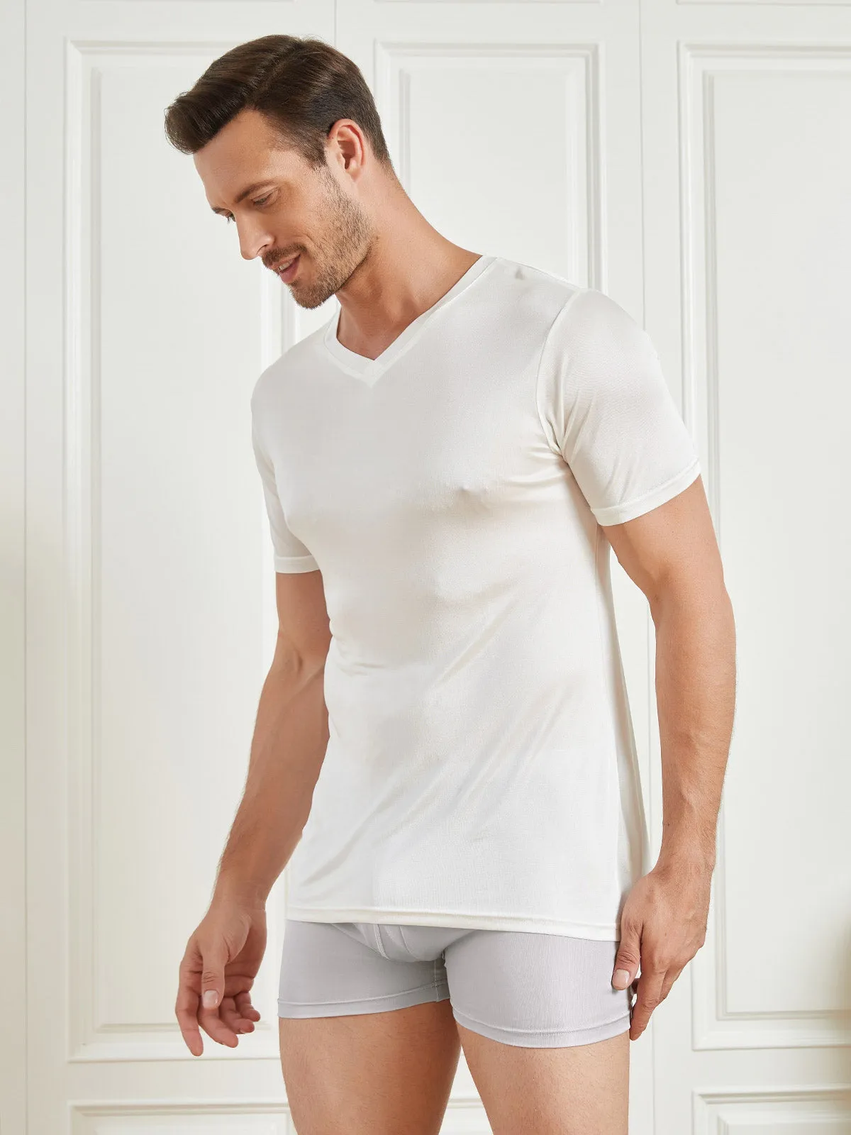 Heren Basic V-Neck Zijde Gebreid Tee