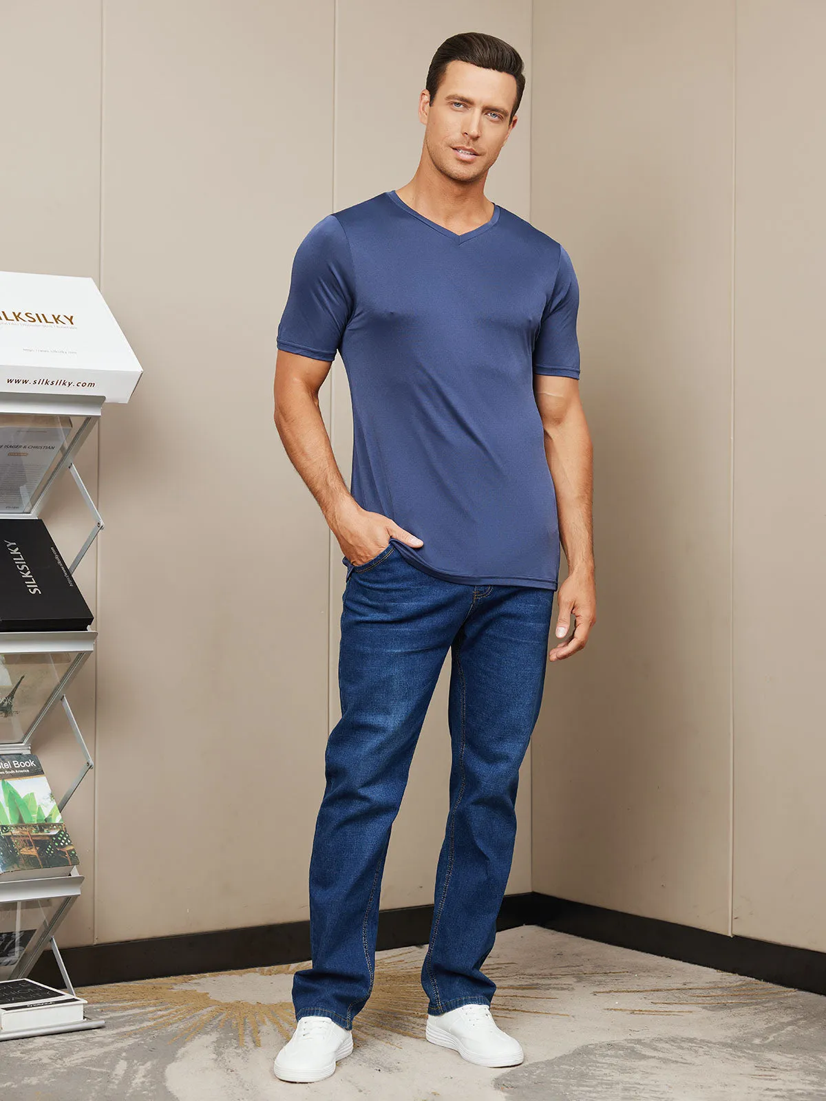 Heren Basic V-Neck Zijde Gebreid Tee