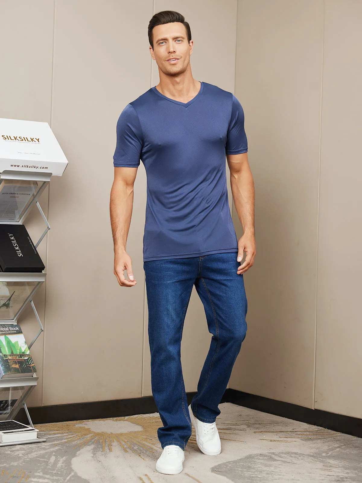 Heren Basic V-Neck Zijde Gebreid Tee