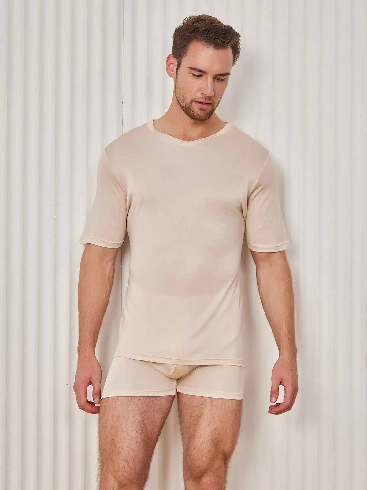 Heren Basic V-Neck Zijde Gebreid Tee