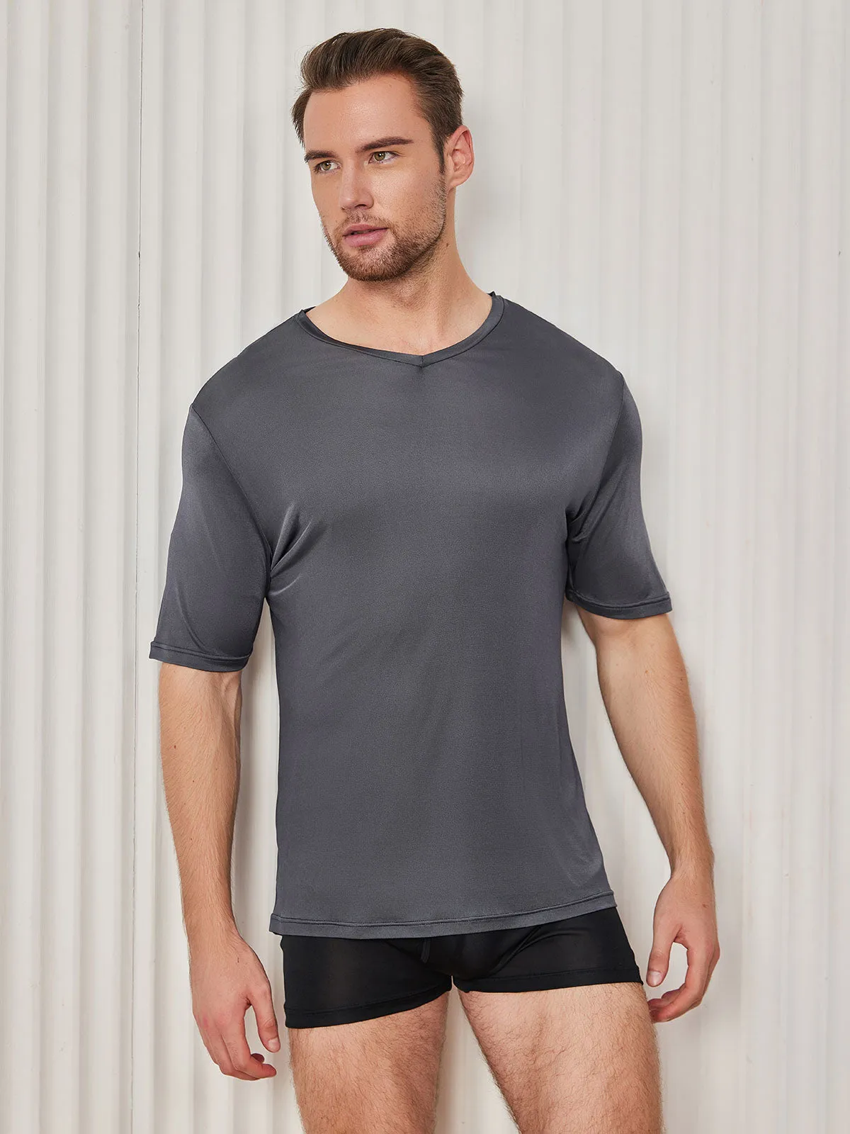 Heren Basic V-Neck Zijde Gebreid Tee