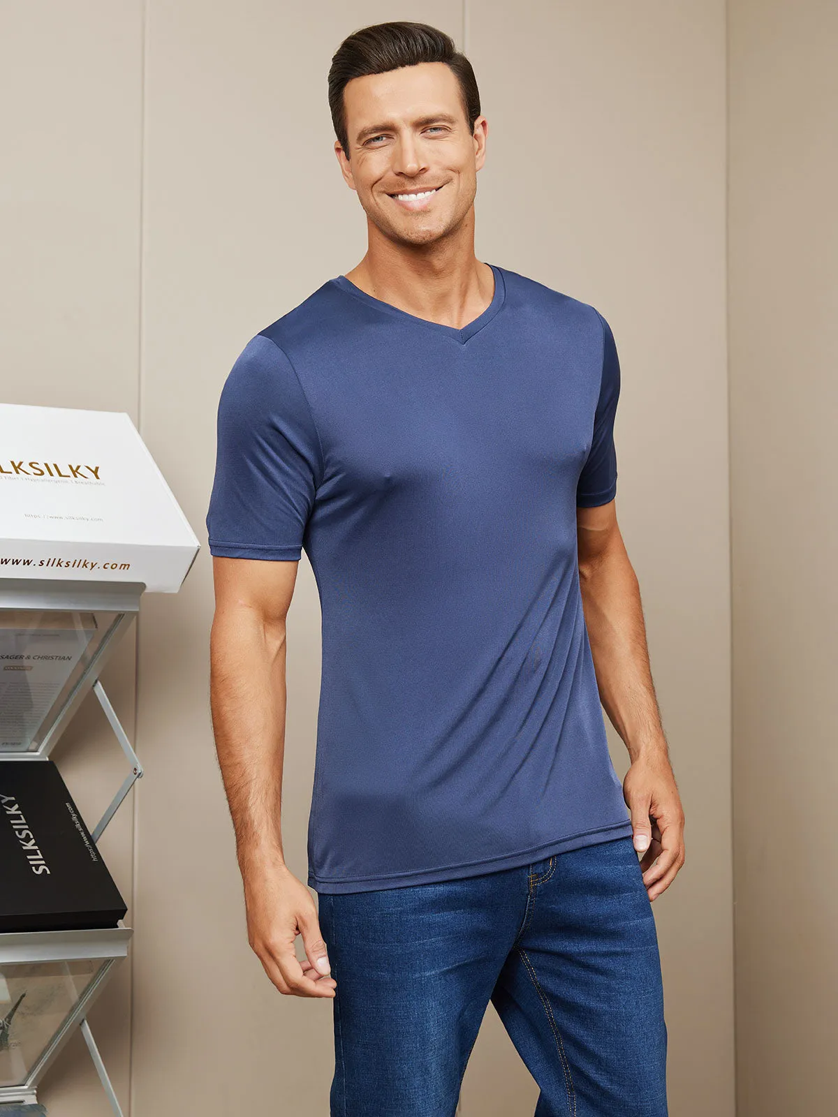Heren Basic V-Neck Zijde Gebreid Tee