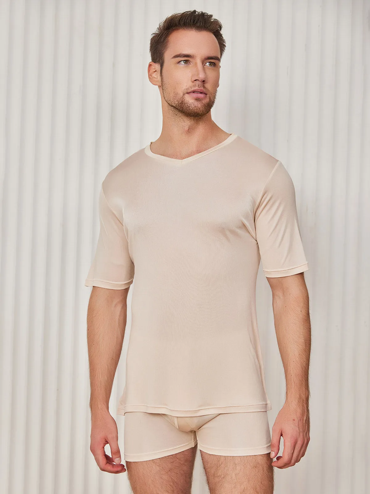 Heren Basic V-Neck Zijde Gebreid Tee