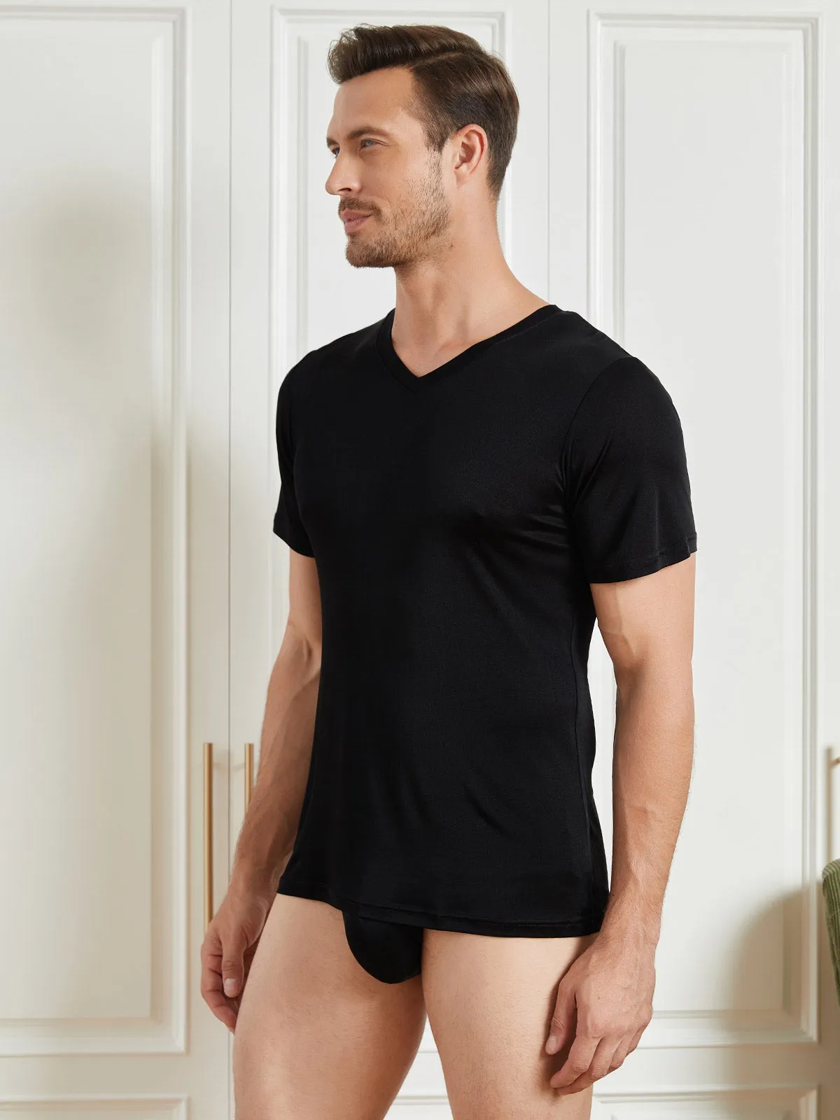 Heren Basic V-Neck Zijde Gebreid Tee